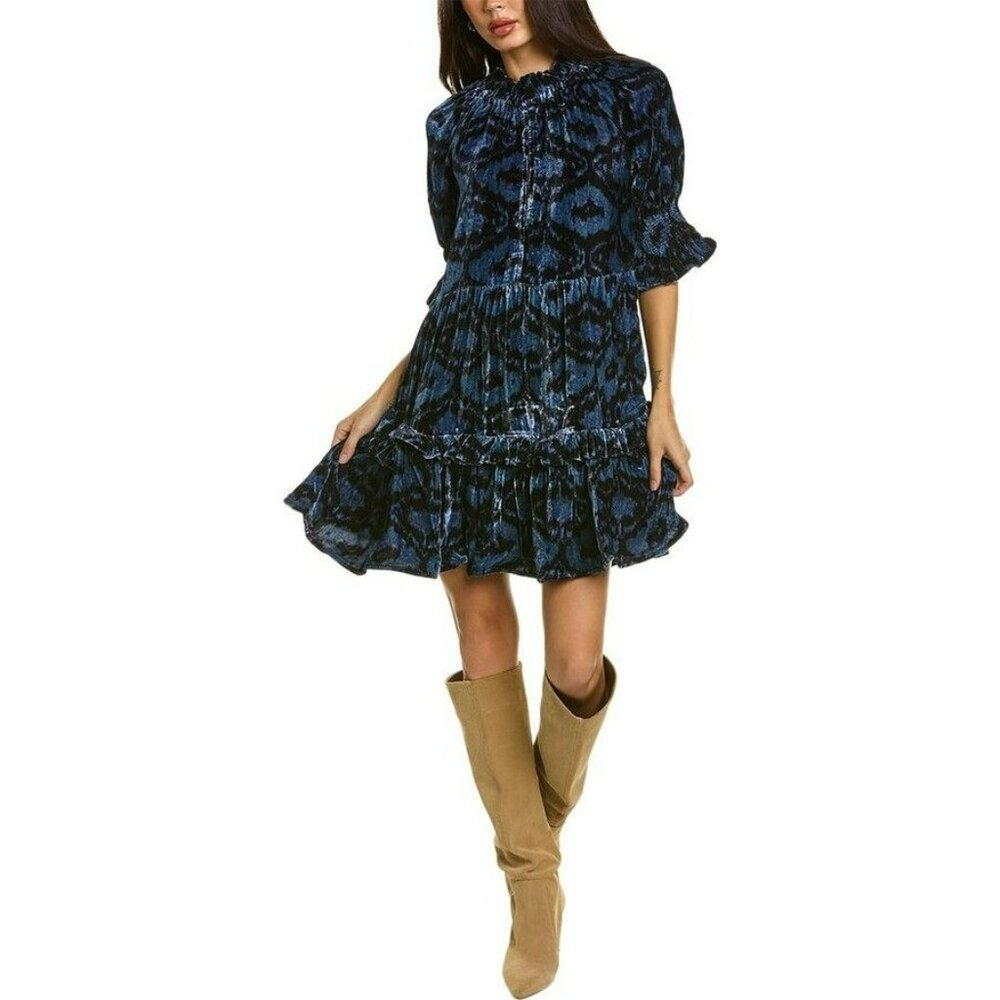 NEW Figue Navy Blue Velvet Burnout Boho Print Romantic Whimsigoth Mini Dress - Picture 11 of 11
